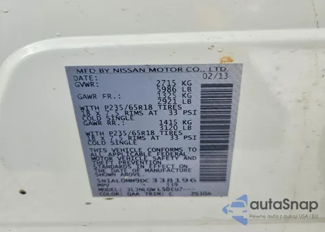 2013 Infiniti Jx35 Base z USA, uszkodzony, nr VIN 5N1AL0MM9DC338196